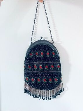 Vintage Micro Beaded Evening Bag with Red Rose Motif